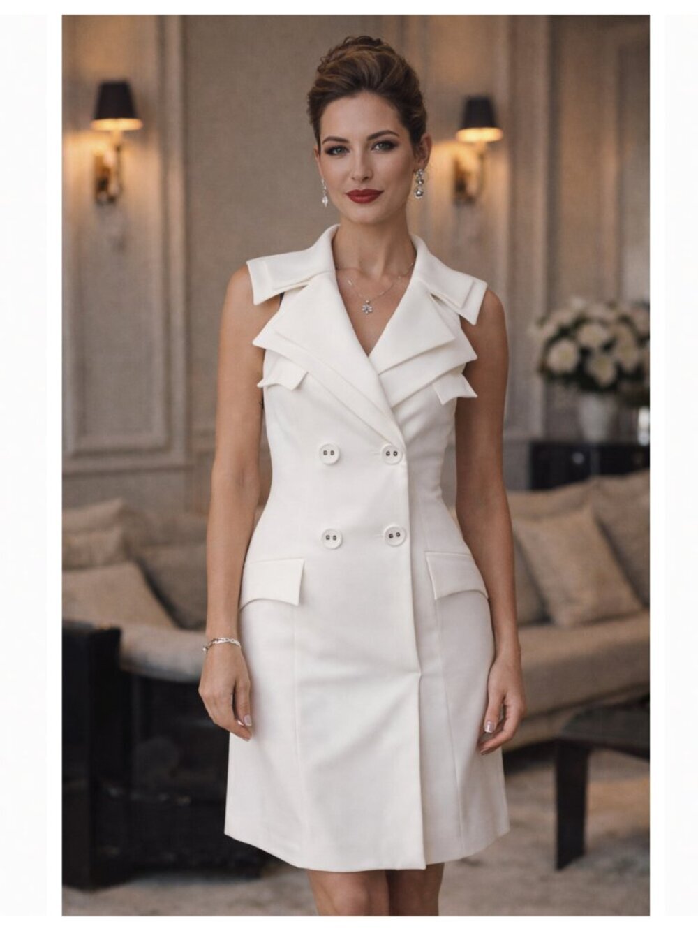 ANNE FONTAINE Double Breasted White Sleeveless Blazer Dress